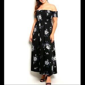 PLUS 3X Dress Black Floral Off Shoulder Flowy Maxi Sexy  NEW